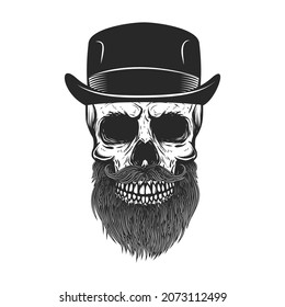 Illustration of bearded skull in gentleman hat in vintage monochrome style. Design element for logo, label, sign, emblem, poster. Vector illustration