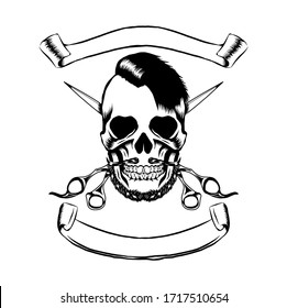ilustración de calavera y tijeras barbudas para la plantilla del logotipo de la barbería