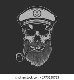 Illustration of bearded skull of sea captain. Design element for logo, emblem, sign, poster, card, banner. Vector illustration