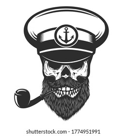 Illustration of bearded skull of sea captain. Design element for logo, emblem, sign, poster, card, banner. Vector illustration