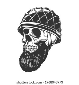 Illustration Of Bearded Soldier Skull In Army Helmet. Design Element For Logo, Label, Sign, Emblem. Vector Illustration