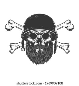 Illustration of bearded soldier skull with crossed bones in army helmet. Design element for logo, label, sign, emblem. Vector illustration