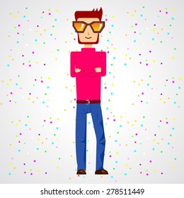 illustration of bearded young smiling man with sunglasses standing with hands folded across his chest