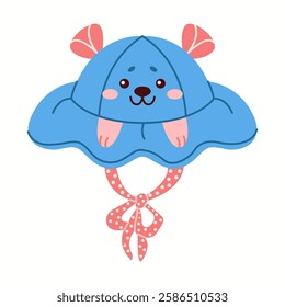 Illustration of a bear-inspired bucket hat in blue, featuring small ears, a playful face, and a wide wavy brim with polka dot ties.