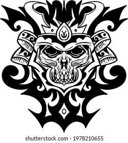 Illustration of a bear's head, wolf, black and white sword skull for sticker design, t-shirt, and tattoo. Classic triball head logo.