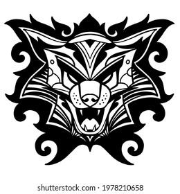 Illustration of a bear's head, wolf, black and white sword skull for sticker design, t-shirt, and tattoo. Classic triball head logo.