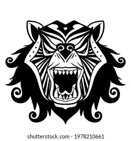 Illustration of a bear's head, wolf, black and white sword skull for sticker design, t-shirt, and tattoo. Classic triball head logo.