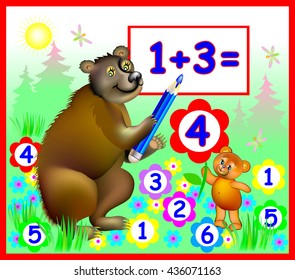 Illustration of bears learning count numbers, vector cartoon image for schoolbook.