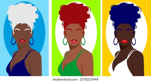 Illustration of Beautiful Afro Woman, colorful hair, pretty dark skin, brunette, redhead, white-haired, blue-haired