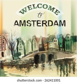 The illustration of  beautiful Amsterdam city hand drawn graphic. Vector image.