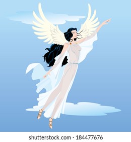 Illustration beautiful angelic woman, goddess, with flying wings. Ideal for religious and educational materials