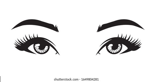 Illustration of beautiful asian girl`s eyes with eyebrows and full lashes. Idea for business visit card, typography vector. Illustration for medical clinics and cosmetics, beauty salons. Perfect salon