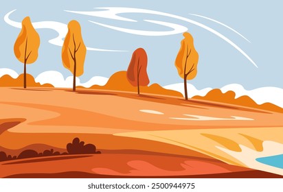 Illustration of a beautiful autumn landscape with trees and rolling hills. Vector illustration.