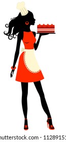 An illustration of a beautiful baker holding freshly baked cake