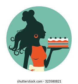 An illustration of a beautiful baker holding freshly baked cake. Retro style round composition