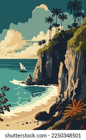 illustration of beautiful bali beach cliff vector flat color banner poster design