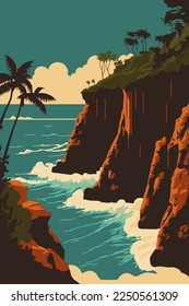 illustration of beautiful bali beach cliff vector flat color banner poster design