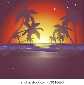 An illustration of a beautiful beach scene at sunset