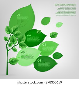 The illustration of beautiful bio infographics with leaves and tree. Ecology concept. Vector image.
