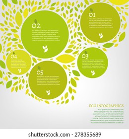 The illustration of beautiful bio infographics with leaves and tree. Ecology and biology concept. Vector image. Ideal as a brochure and leaflet design template.