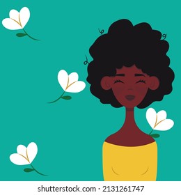 An illustration with a beautiful black girl, where her dark curly hair flies up. It can be used for postcards, website design, printing and much more. Turquoise background with white flowers.