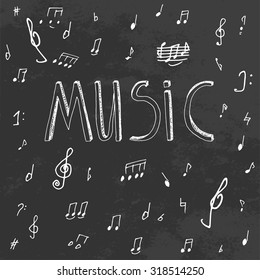 The illustration of beautiful black musical background with chalk handwriting. Music class blackboard. Totally vector fully scalable image with white handwritten text.