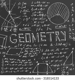 The illustration of beautiful black scientific background with chalk handwriting. Geometric class blackboard. Totally vector fully scalable image with white handwritten text.