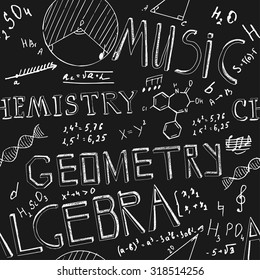 The illustration of beautiful black scientific background with chalk handwriting. Shcool class blackboard. Totally vector fully scalable image with white handwritten text.