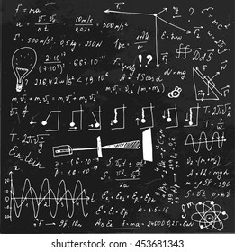 The illustration of beautiful black scientific background with chalk handwriting. Physical class blackboard. Totally vector fully scalable image with white handwritten text.