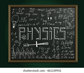 The illustration of beautiful black scientific background with chalk handwriting. Physical class blackboard. Totally vector fully scalable image with white handwritten text.