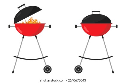 Illustration beautiful black-red grill bbq closed and open with fire inside on white background. Vector of picnic and outdoor cooking concept cartoon style.