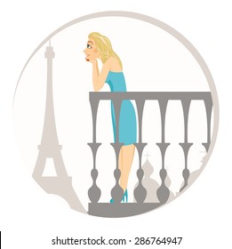 illustration of beautiful blonde woman standing on a balcony in paris dreaming