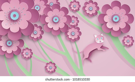 Illustration of beautiful blooming flowers with cats on pink background. the cat is under sakura tree in the spring. paper cut and craft style. vector, illustration.