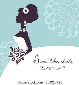 Illustration of beautiful bride with flowers. Save the date card