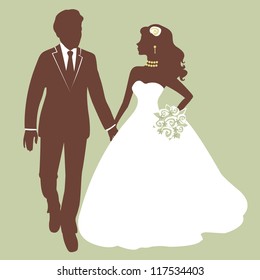 An illustration of Beautiful bride and groom running