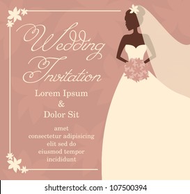 Illustration of a beautiful bride holding a bouquet. Bridal shower/wedding invitation template.