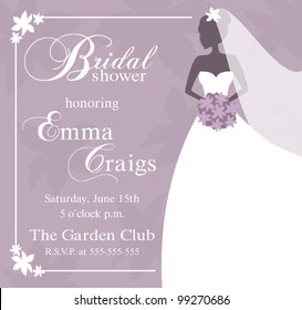 Illustration of a beautiful bride holding a bouquet. Bridal shower/wedding invitation template.