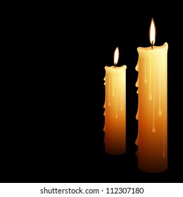 illustration of beautiful burning candle with melted wax, suitable for Halloween holidays. Realistic flame, isolated on black. Vector eps file.