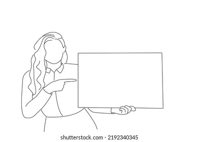 Illustration of beautiful business woman shows a blank bilboard, isolated on white, copy space. One line art
