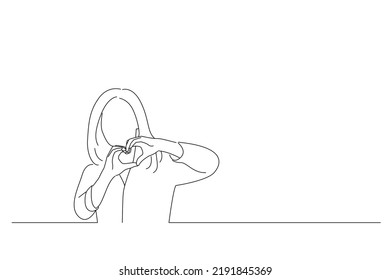 Illustration of beautiful business woman smiling in love showing heart symbol and shape with hands. Oneline art drawing style

