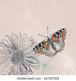 Illustration of beautiful butterflies flying around flower.