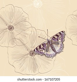 Illustration of beautiful butterflies flying around flower.