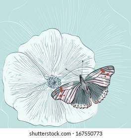 Illustration of beautiful butterflies flying around flower.