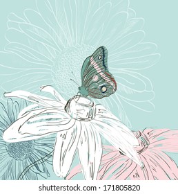 Illustration of beautiful butterflies flying around flower.