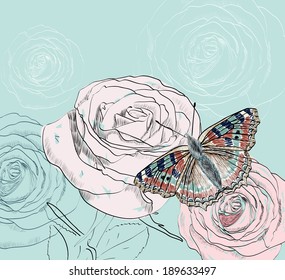 Illustration of beautiful butterflies flying around flower.
