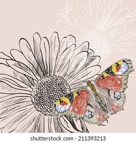 Illustration of beautiful butterflies flying around flower.