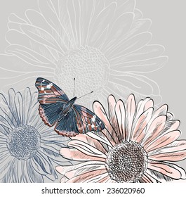 Illustration of beautiful butterflies flying around flower.