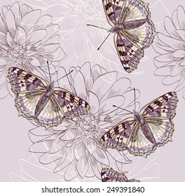 Illustration of beautiful butterflies flying around flower.