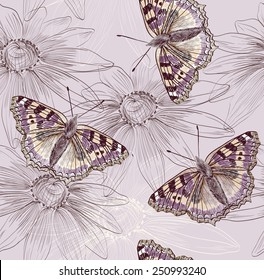 Illustration of beautiful butterflies flying around flower.
