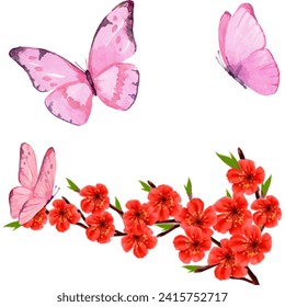 illustration of beautiful butterflies and red cherry blossoms